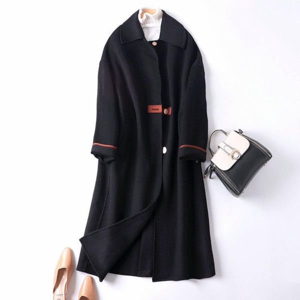 

women's wool & blends 2021 double-sided cashmere coat female hepburn wind mid-length high-end black autumn and winter women jacket