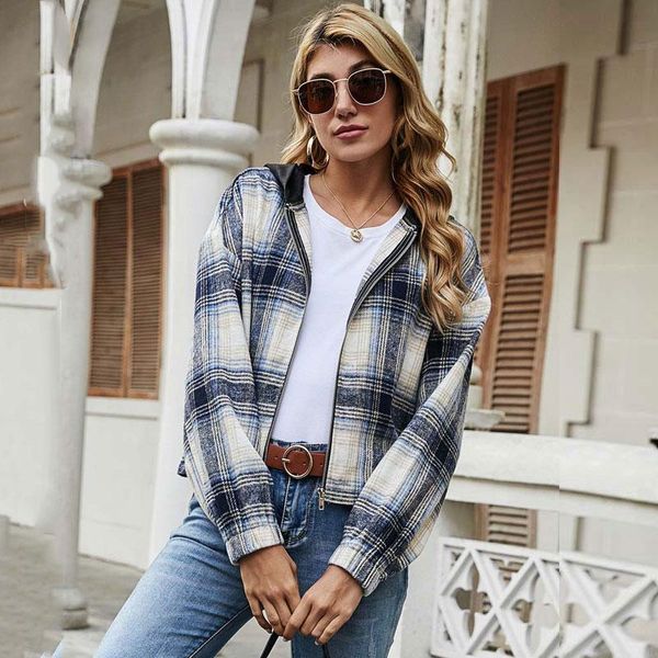 

women's jackets autumn plaid jacket women loose hooded winter casual coats and zip up coat female, Black;brown