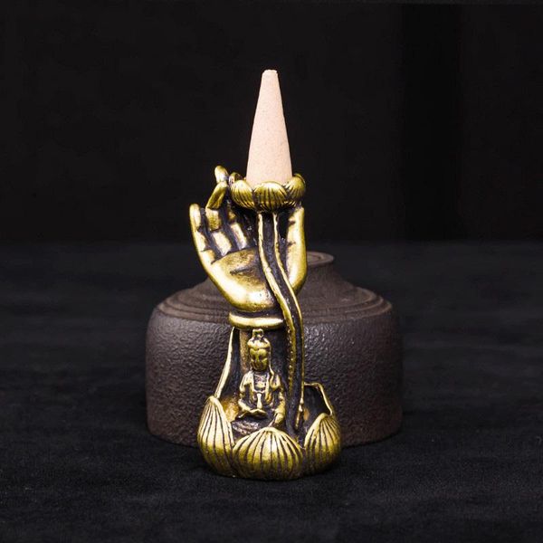 

fragrance lamps antique copper buddha statue hand holding lotus leaf backflow incense burner brass guanyin figurines miniatures deskorna