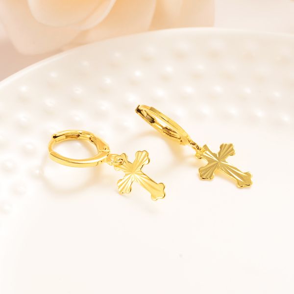 

9k yellow golid huggie earrings fine solid big unky large cross drop religious punk goth girl boho emo rock chick dangle hinged, Golden;silver