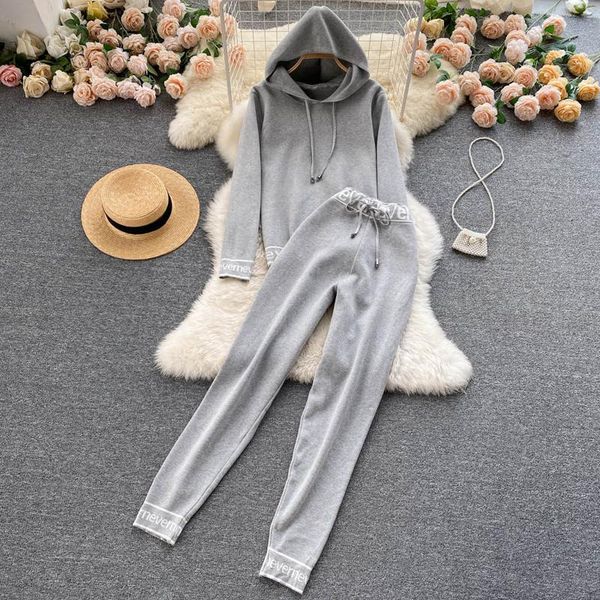 

women's two piece pants winter knitted letter sweater suit outfits 2 pieces set hoodies loose pullover tracksuit cargo jogging, White