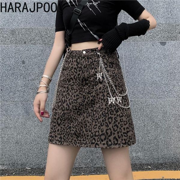 

skirts harajpoo women denim female summer korean version ins retro leopard print black high waist thin wild bag hip mini skirt