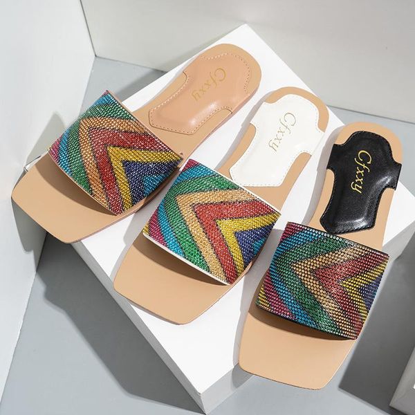 

fashion women slippers summer square toe female color matching bling flat slides causal lady heel flip flops shoes, Black