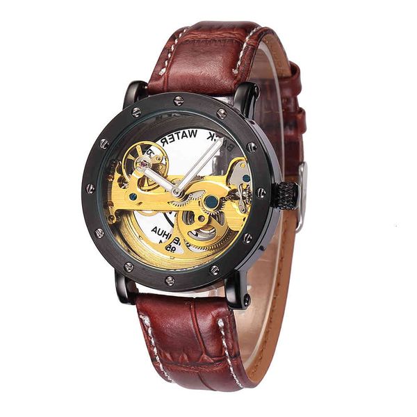 

shenhua automatic mechanical watches men brand luxury leather rvs transparent skeleton relogio masculino, Slivery;brown