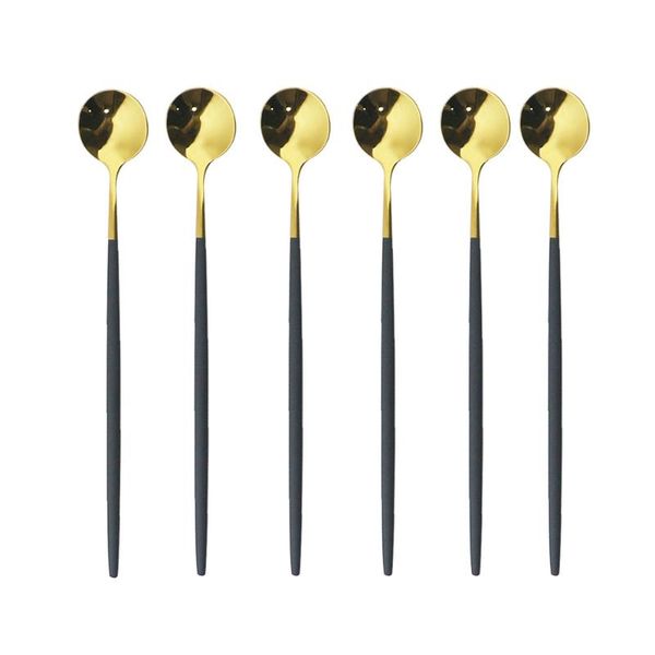 

6pcs black long handled tea spoon stainless steel coffee ice cream dessert spoons for picnic kitchen accessories dinnerware sets
