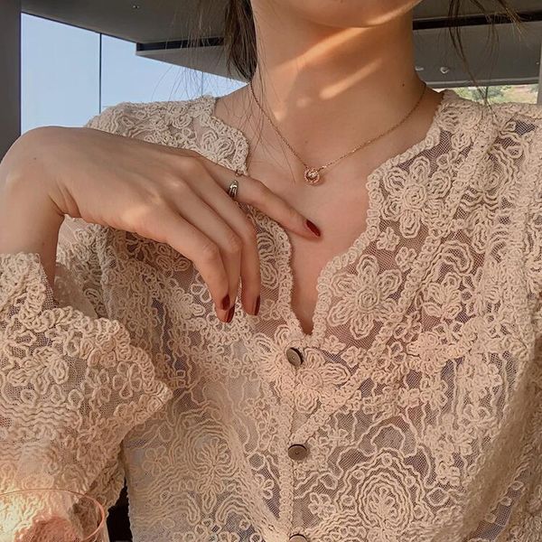 

women's blouses & shirts 2021 retro cotton crochet hollow long sleeve shirt lace through the feeling of coat, White