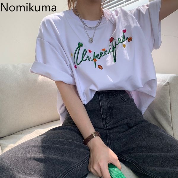

nomikuma white t shirt women o neck short sleeve flower embroidery loose tshirts female korean style chic graphic tees 210514