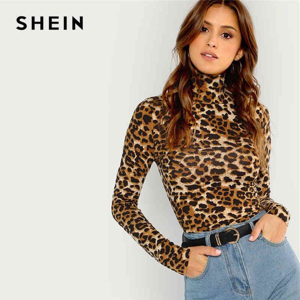 

women's t-shirt shein brown highstreet office lady high neck leopard print fitted pullovers long sleeve tee autumn casual women top, White