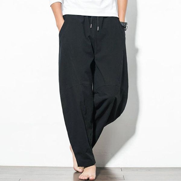 

men's pants 2021 cotton linen loose male summer casual solid color trousers plus size fitness streetwear m-5xl, Black