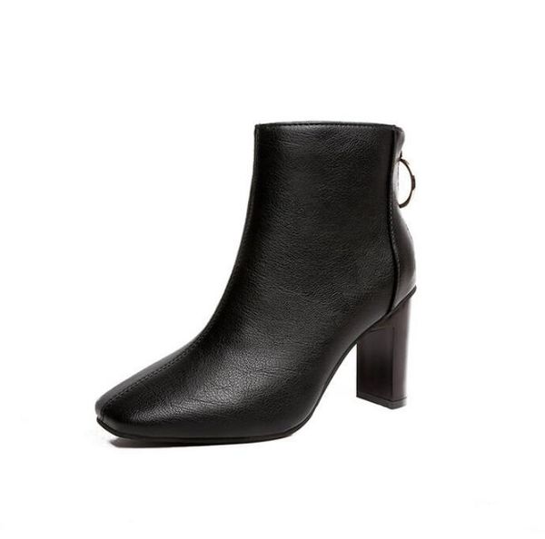 

boots 2021 women leather high-heel shoes winter vintage fashion ladies ankle botas zapatos de mujer, Black
