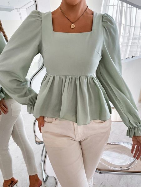 

bell sleeve ruffle hem peplum f9lz#, White