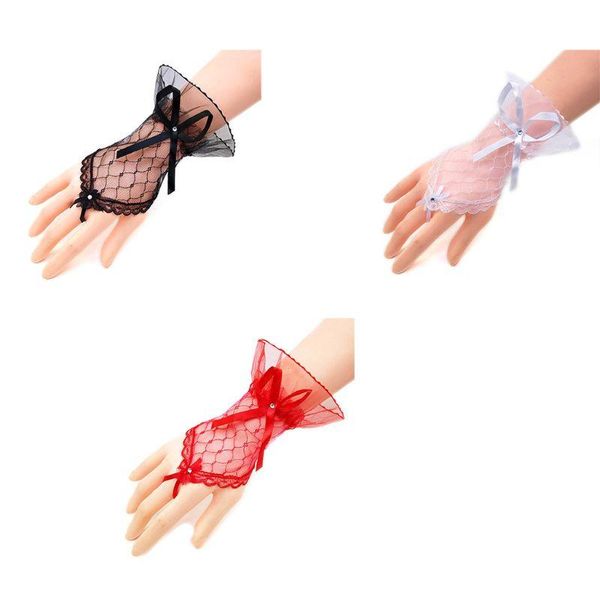 

bridal gloves wedding short fingerless rhinestone bowknot sheer lace mittens, White