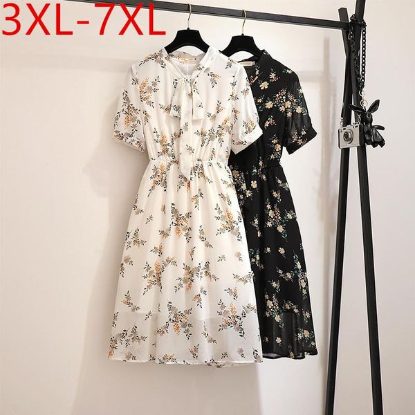 

plus size dresses missfansiqi 2021 summer dress for women bow short sleeve loose floral print chiffon midi 3xl 4xl 5xl 6xl 7xl, Black