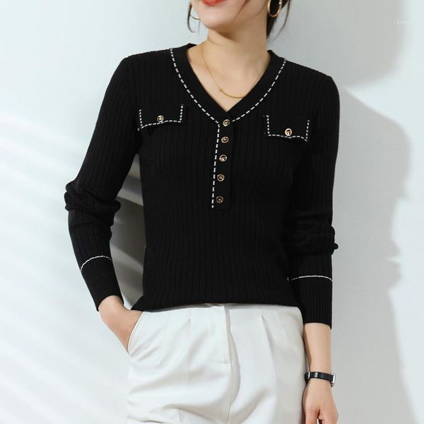 

spring women's sweater knitted pocket v-neck button pullover full sleeves black stylish young ladies jacket sweaters, White;black