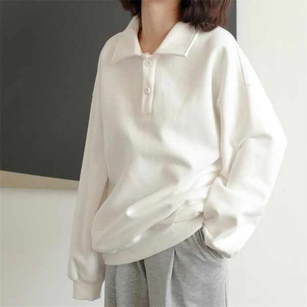 

qweek casual polo collar hoodie vintage korean style white sweatshirt long sleeve harajuku clothes school 211109, Black