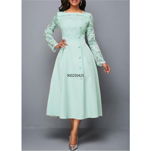 

women's dress elegant long sleeve lace stitching high waist big hem mid-length size dresses for women casual, Black;gray