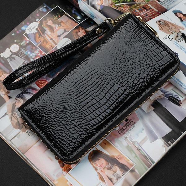 

wallets ladies long wallet crocodile pattern clutch bag european style single zipper patent leather phone, Red;black