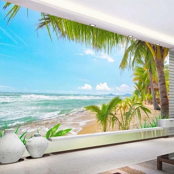 

wallpapers custom self-adhesive wallpaper 3d stereo coconut palm tree beach murals living room dining background wall decor sticker