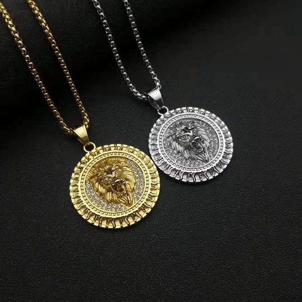 

pendant necklaces hip hop bling iced out rhinestones gold stainless steel male lion round pendants necklace for men rapper jewelry, Silver