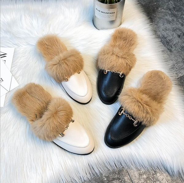 

baotou ms sandals wear fur leather 2021 winter plush pea shoes fashionable casual warm women slippers outdoors flip flop, Black