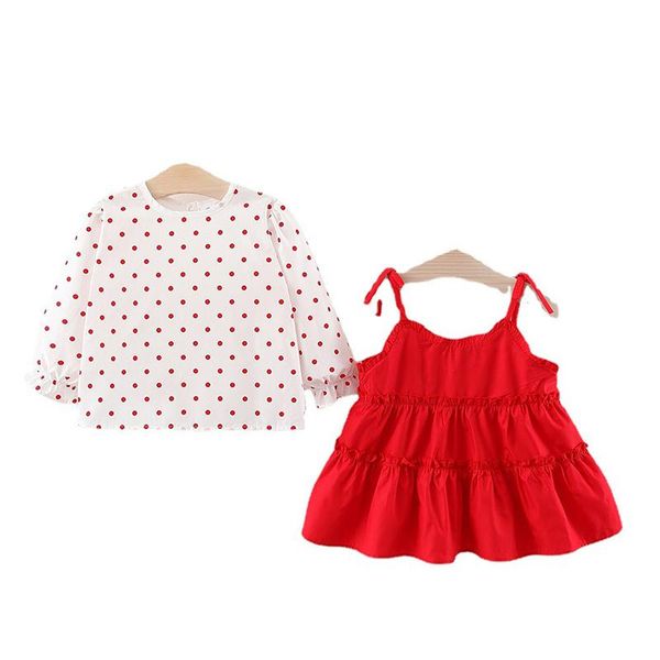 

girl's dresses keelorn toddler autumn dress baby kids long sleeve polka dot t-shirt + overalls sundress princess party girls 2pcs outfi, Red;yellow