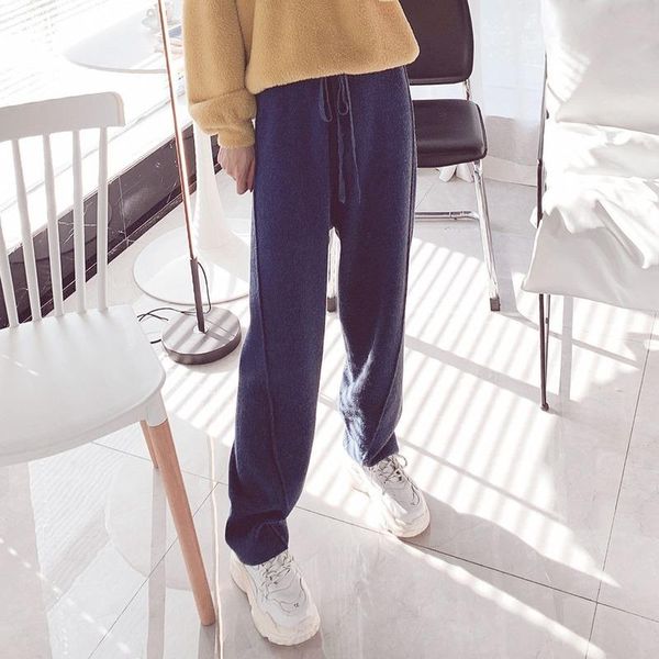 

women's pants & capris spring autumn knitted straight women korean solid pit ankle-length elastic waist lace up sweatpants y137, Black;white