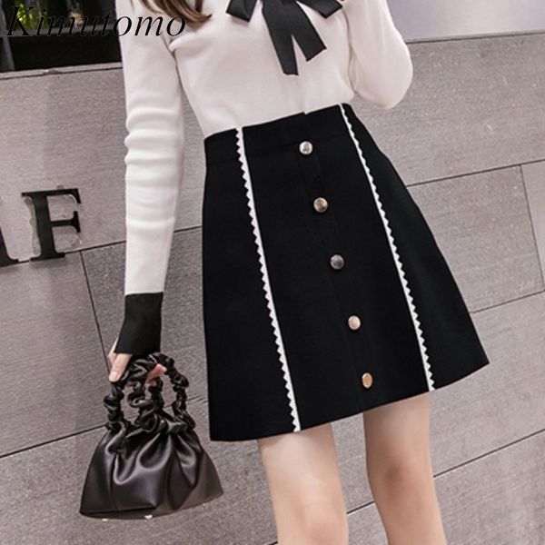 

kimutomo women mini skirts spring autumn office lady korea style female high waist single breasted a-line skirt outwear fashion 210521, Black