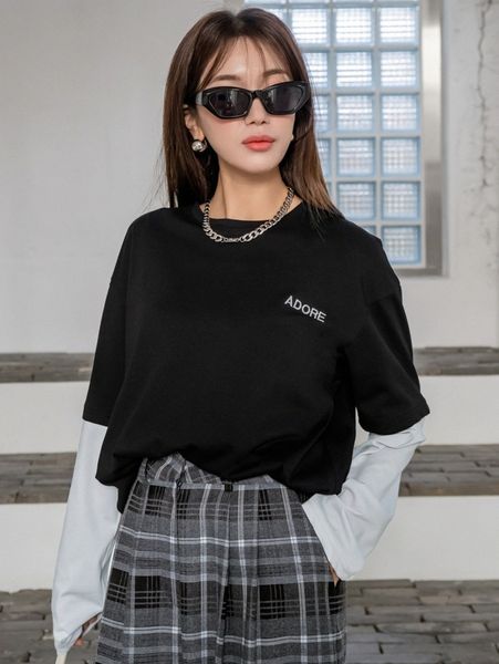 

dazy letter embroidery color block drop shoulder 2 in 1 tee r5sd#, White