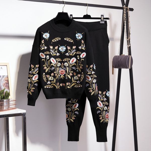

pant tracksuit knitting outfits women handwork embroidery flowers sweater pencil pants two piece set loose casual knitted suit female, White
