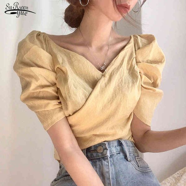 

summer vintage puff sleeves cross waist small plaid shirt simple v-neck gentle elegant pink light yellow blouse 14143 210521, White
