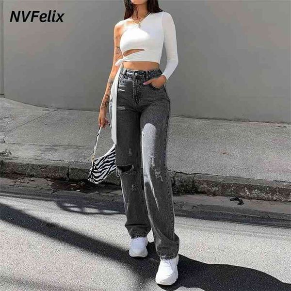 

ripped high waist jeans women straight leg loose boyfriend jean pants casual wash denim trousers fashion streetwear baggy 210922, Blue