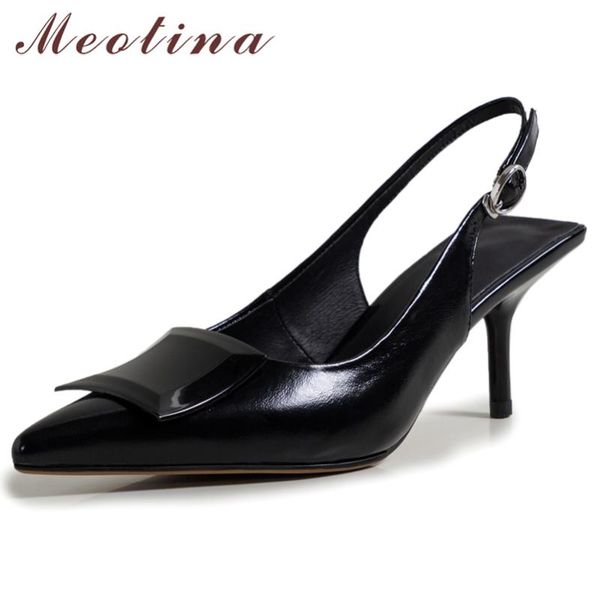 

meotina women slingbacks genuine leather shoes patent high heels pointed toe ladies pumps cow green dress, Black