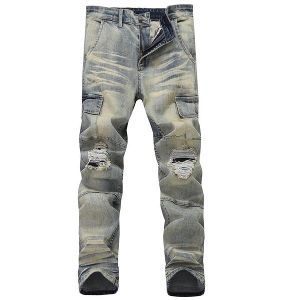 

men's jeans multi-pocket men retro slim male trousers ripped straight man denim pants big size 28-38, Blue