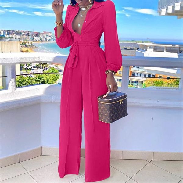 

fashion solid lantern sleeve women jumpsuits button up self belted casual loose romper, Black;white