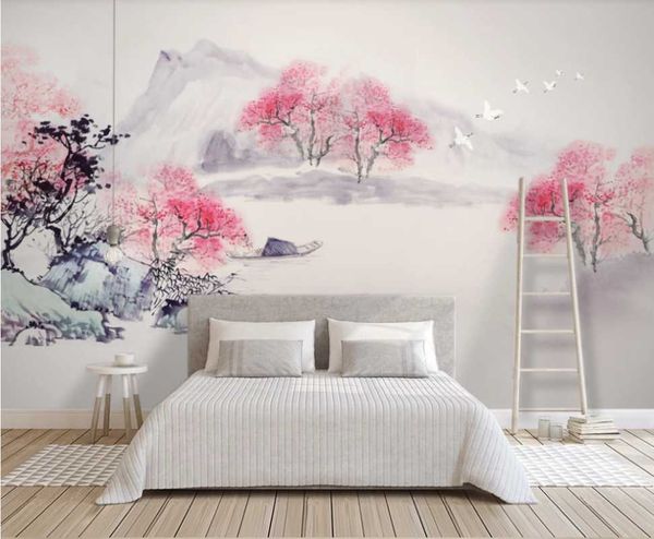 

custom mural wallpaper sansheng iii shili peach blossom chinese ink landscape background wall wallpapers