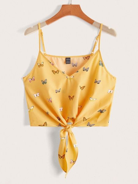 

tie hem butterfly print cami crop t3ad#, White