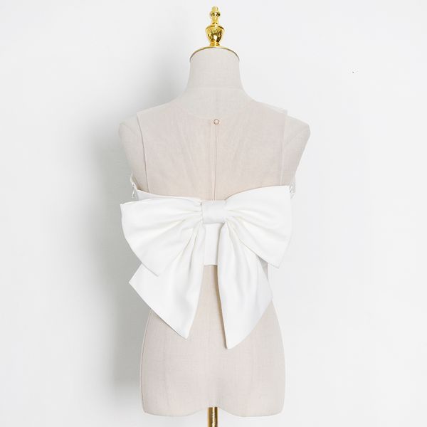 

blouses patchwork bowknot shirt for women o neck sleeveless short slim female fashion clothing 2021 style, White