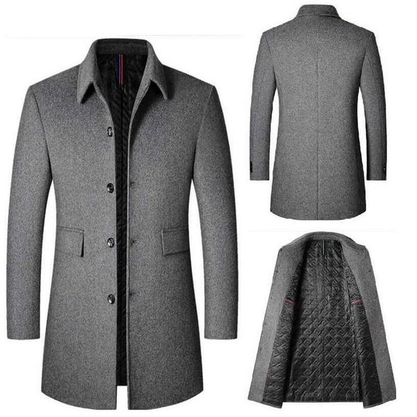 

men's wool & blends stand-up collar woolen trench coat windbreaker men autumn winter mid-length warm overcoats, Black