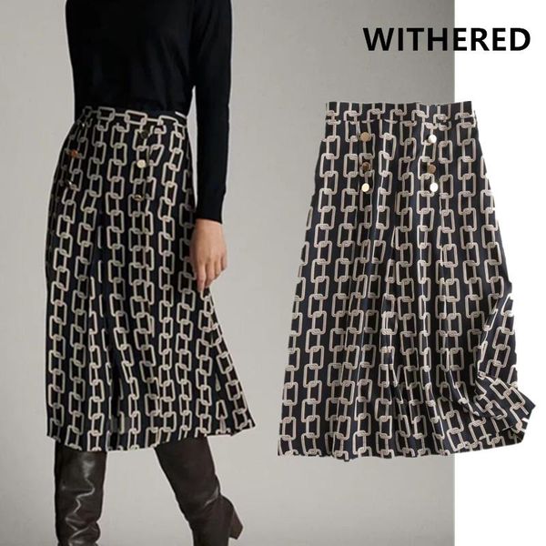 

skirts withered england office lady urban elegant iron chain printing gold midi skirt women faldas mujer moda 2021 long womens, Black