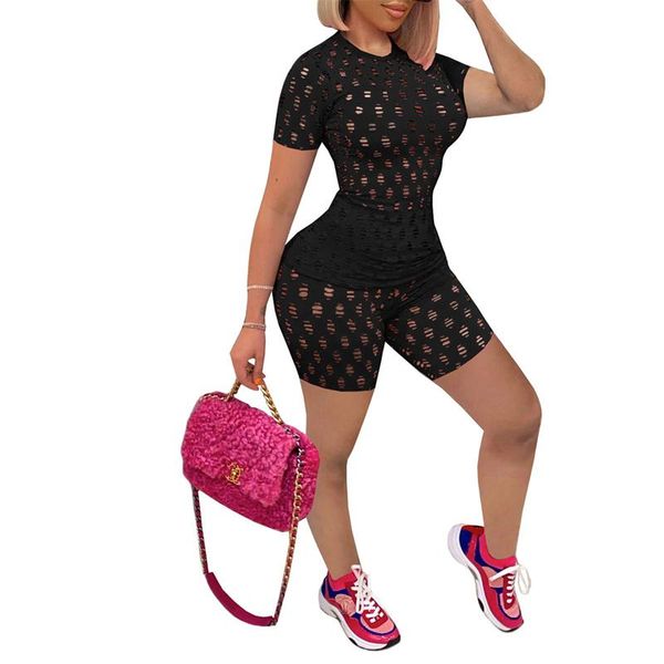 

women's tracksuits women 2pcs summer outfit ladies solid color hollow sports clothes set short sleeve o-neck & high elasticity pants, Gray