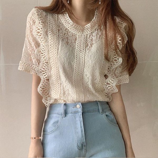 

women's blouses & shirts french style vintage lace women chic flower hook hollow out short sleeve pullovers simple o-neck office lady, White