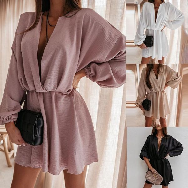 

casual dresses 2021 women deep v neck mini dress fashion elegant long sleeve party spring summer solid lady, Black;gray