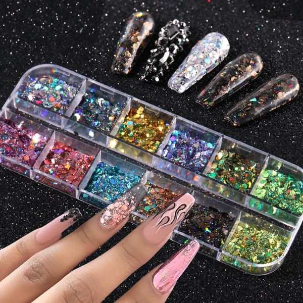 

holographic nail glitter flakes sequin 12pcs in 1 rose gold silver diy butterfly dipping powder for acrylic nails tools art decorations, Silver;gold