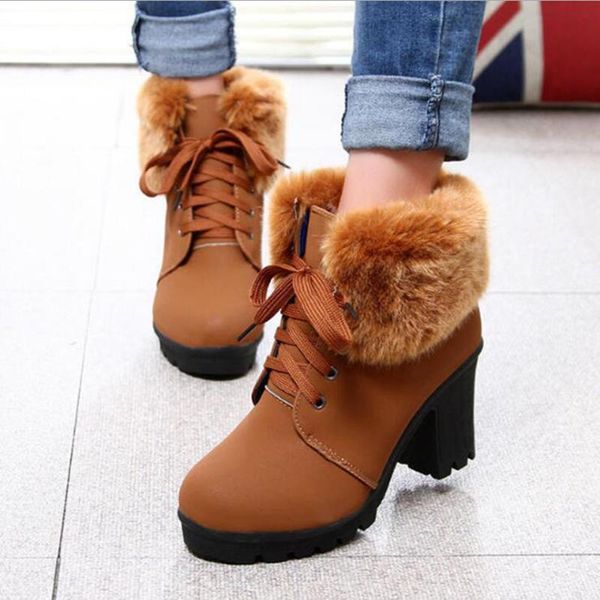 

boots snow ankle women shoes woman fashion high-heeled warm winter 2021 short, Black