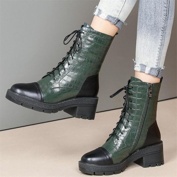 

boots women lace up cow leather chunky high heels winter motorcycle female round toe platform pumps shoes casual, Black