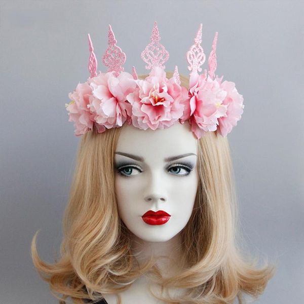 Клипы для волос Barrettes Pink Flower Crown Headrress для женщин девочки принцесса лента для повязки на голову женщина неоготическая модная свадьба украшения