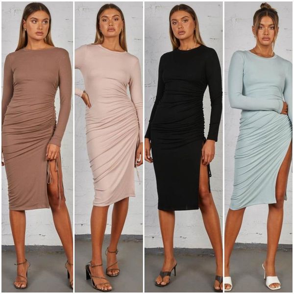 

casual dresses solid color round neck long sleeve slim irregular pleated high waist dress, Black;gray