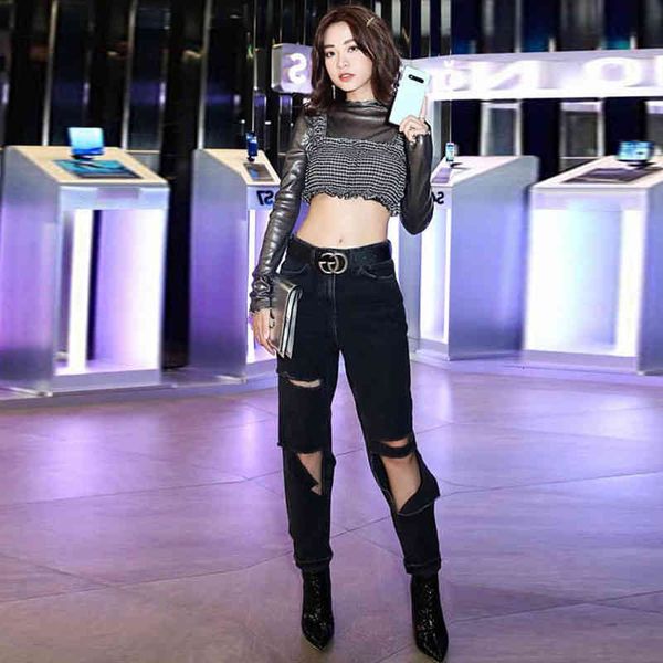 

jean high belt jeans from broken women shaved pants female lazer boyfriend streetwear hip hop plus size, Blue