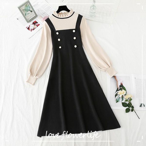 

autumn winter knit long dress women elegant ruffle collar slim a-line sweater dresses double breasted office lady casual dress 210521, Black;gray