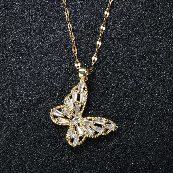 

chokers fancy crystal butterfly necklace pendants for woman rhinestone shining stainless steel cubic zircon chain wedding gift, Golden;silver